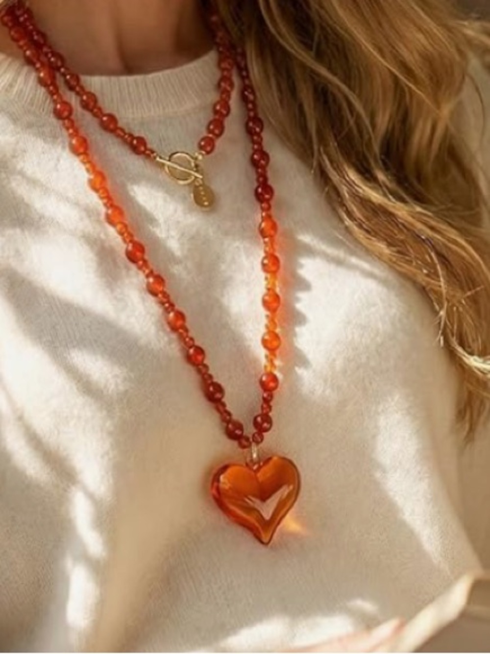 Orange Beaded Heart Necklace - Chunky Statement Jewelry